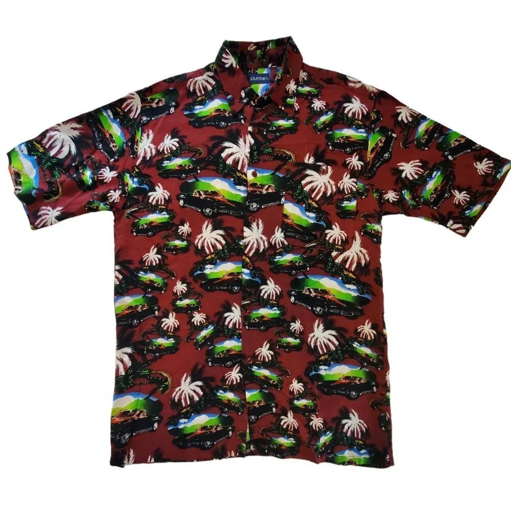 Puritan Hawaiian Shirt Short Sleeve Maroon Cars Rayon Hawaiian Shirt Small